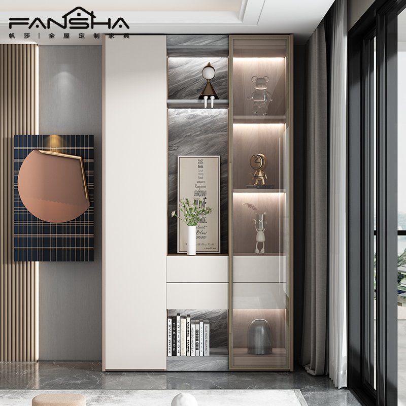 轻奢玻璃门书柜一体整墙家用防尘客厅展示柜落地实木书架网红定制