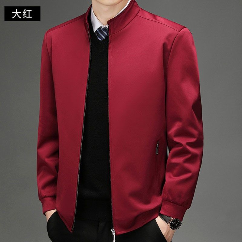 高端男装品质男士红色夹克本命年大红色外套男式酒红色茄克单衣男