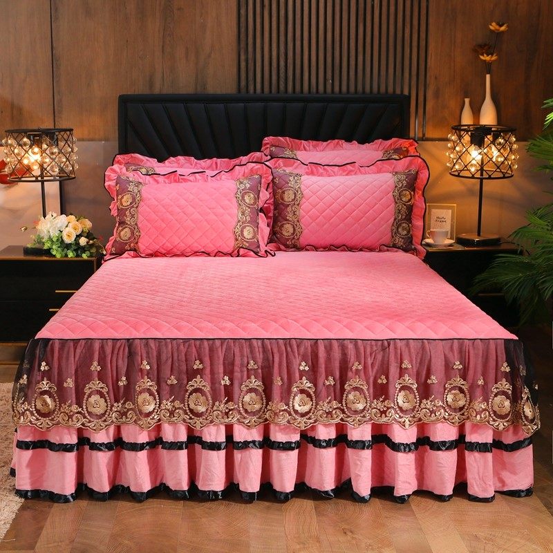 保暖水晶绒夹棉蕾丝床裙式单件公主风珊瑚绒加厚床罩防滑床套床盖,床上用品,床裙,淘宝优惠券,粉丝福利购,淘宝优惠卷