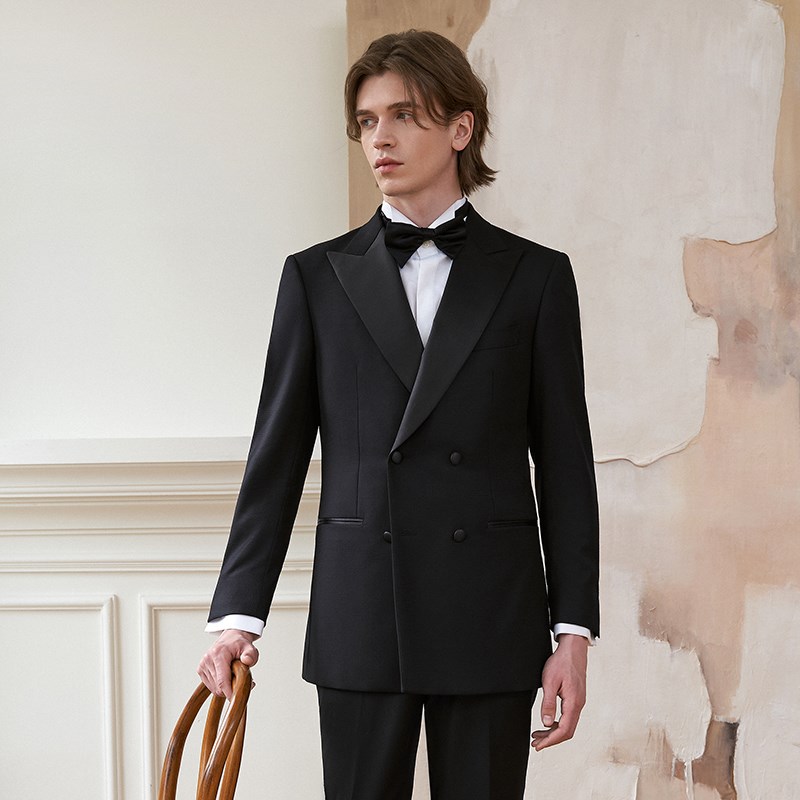 澳嘉男士结婚西服套装戗驳领新郎礼服正装羊毛塔士多双排扣西装