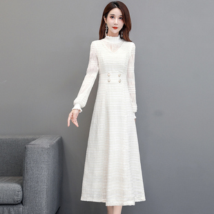 2021年新款白色长袖连衣裙女收腰显瘦名媛年会裙子雪纺长裙女秋冬