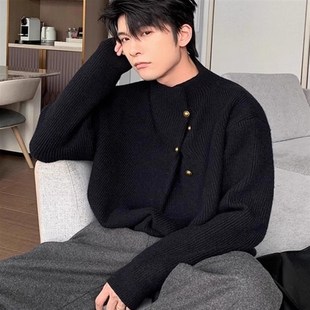 红色重磅880g金属纽扣针织衫男款冬季宽松休闲复古百搭半高领毛衣