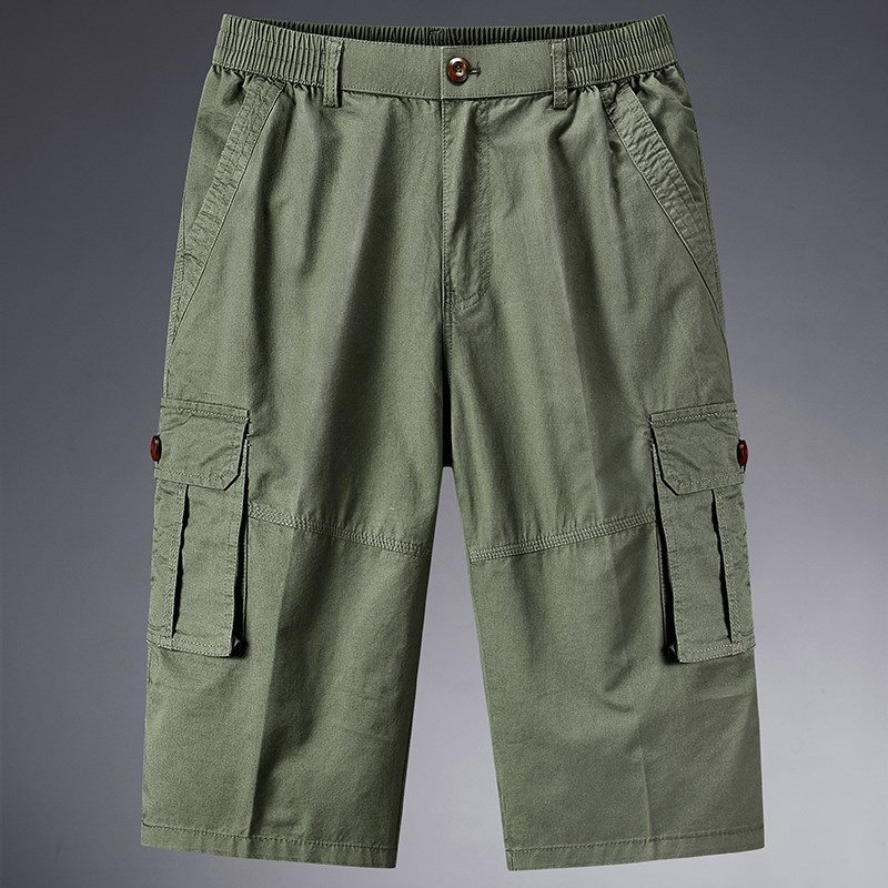 夏季男士多口袋七分裤爸爸休闲工装短裤中老年纯棉马裤大码中裤薄