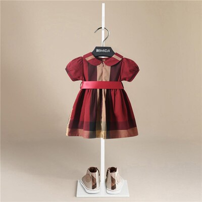 伯米吉夏女童酒红格子连身裙生日装纯棉翻领腰间配丝带公主裙8289
