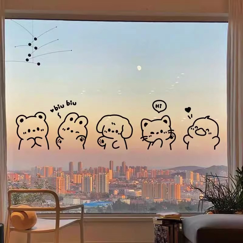 卡通可爱动物玻璃门窗户柜子抽屉垃圾桶创意装饰贴纸橱窗镜子贴画