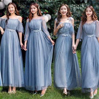 伴娘服纱裙2024新款小个子大码灰蓝色女松紧腰小礼服姐妹服姊妹裙