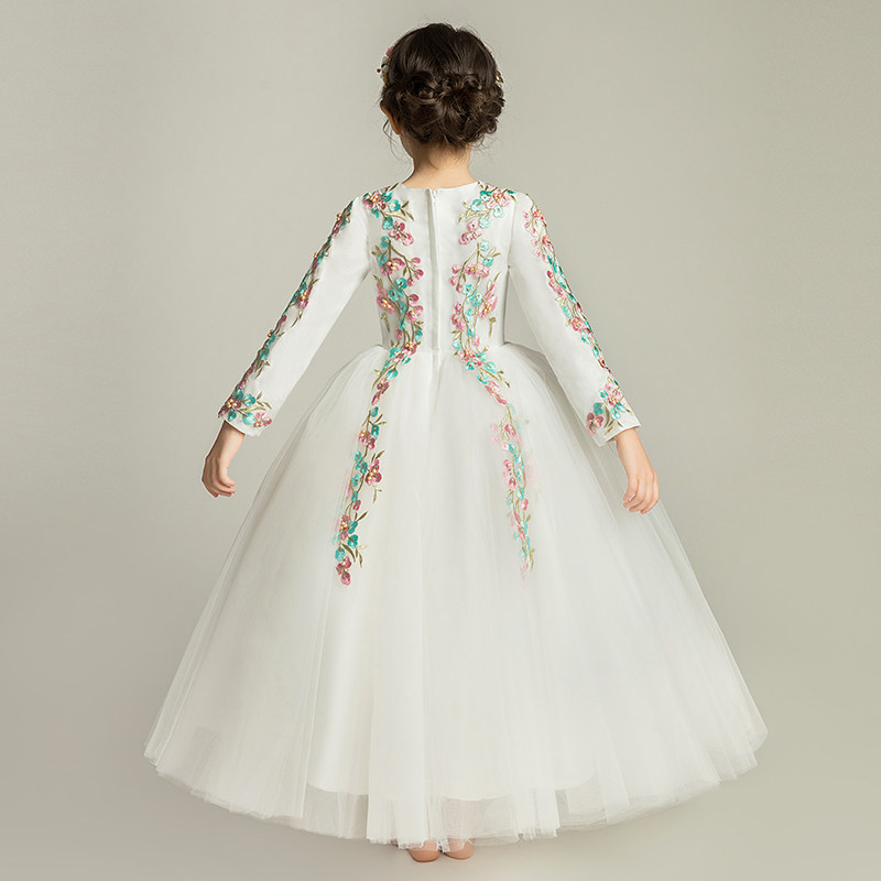 儿童晚礼服公主裙蓬蓬纱小女孩花童婚纱钢琴表演服秋冬长袖白高端