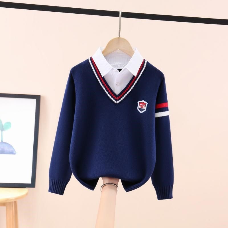 男童毛衣假两件2025秋冬款大儿童纯棉针织衫红色加绒加厚男孩冬装