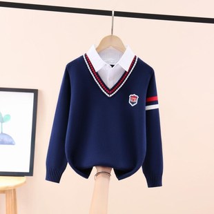 男童毛衣假两件2025秋冬款大儿童纯棉针织衫红色加绒加厚男孩冬装