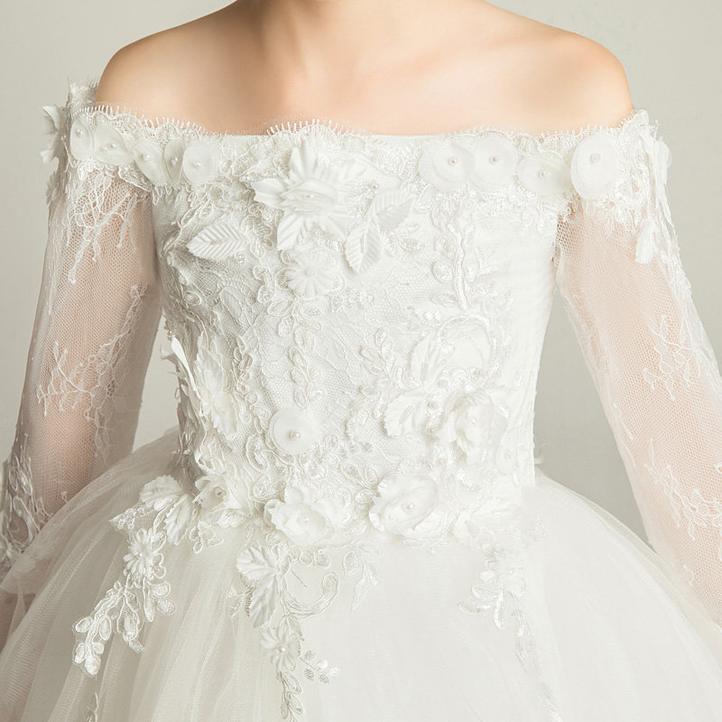 儿童晚礼服公主裙女童生日婚纱一字肩长袖款花童蓬蓬裙白色高端季