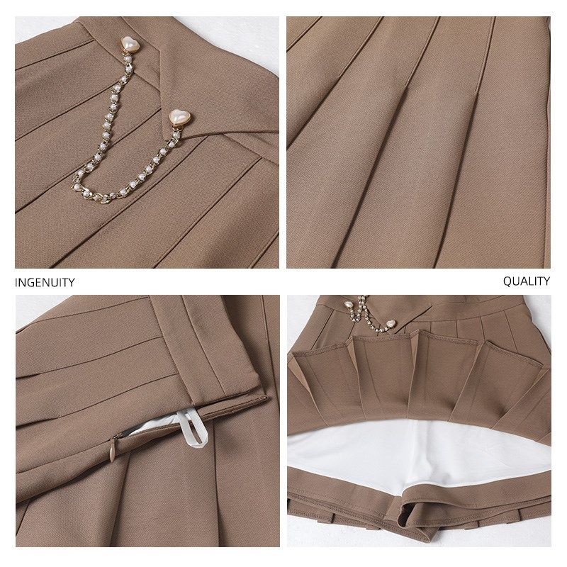 西装卡其色百褶半身裙女秋季设计感2024新款小个子高腰a字短裙裤