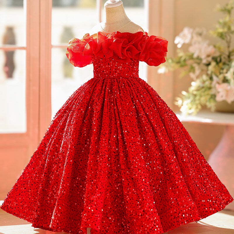 女童礼服公主裙红色T台走秀主持人儿童礼服钢琴演出服婚礼花童服