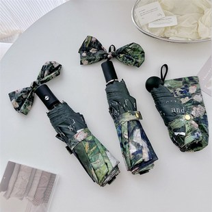 莫奈绿色接边高级感油画玫瑰全自动折叠黑胶伞便携式 防晒伞太阳伞