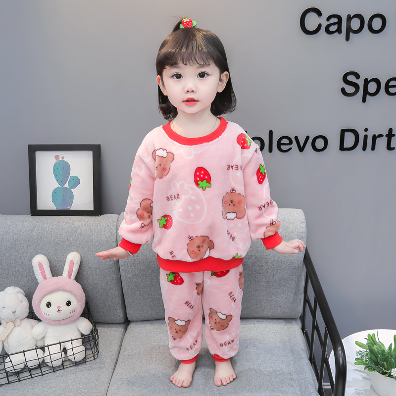 女童法兰绒睡衣秋冬加厚小童女孩宝宝加绒冬季儿童珊瑚绒家居服冬