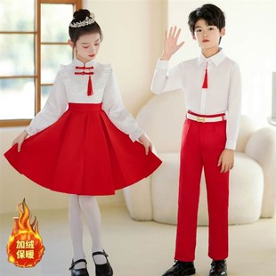 儿童演出服小学生男女童诗歌朗诵合唱服元旦中国风民乐团红色表演