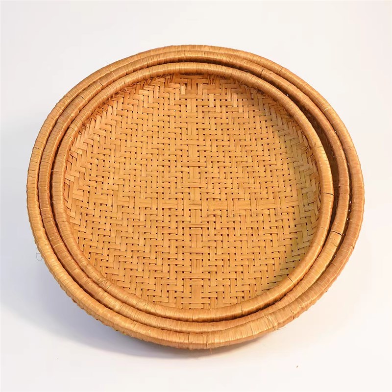 手工竹编制品烟熏圆形簸箕防虫馒头餐厅小吃水果盘干果零食竹篮子