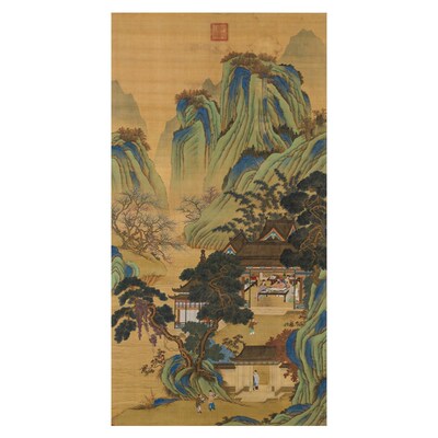 仇英宝绘堂图传统青绿山水画临摹绢布画稿中式装饰画艺术微喷画心