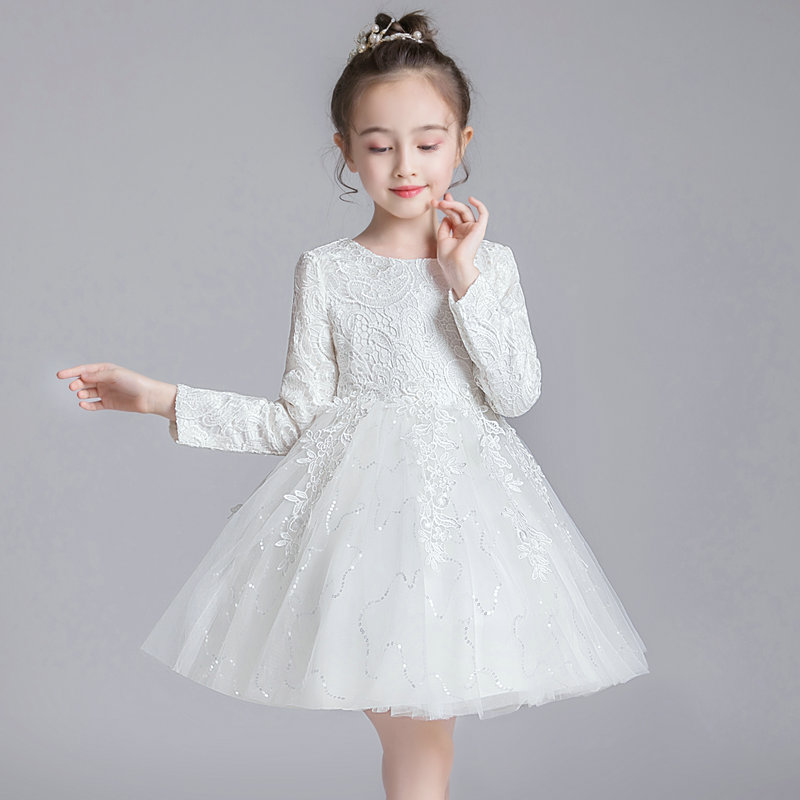 春秋冬女童礼服公主裙儿童白色连衣裙长袖蓬蓬纱裙子中大童演出服