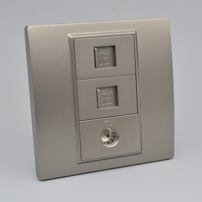 深灰色双电脑TV有线电视面板86型双七类万兆网路宽带TV有线插座