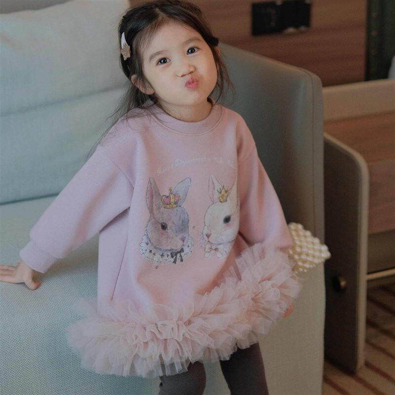 加绒女童卫衣裙24年秋冬儿童小女孩中长款网纱洋气连衣裙公主裙