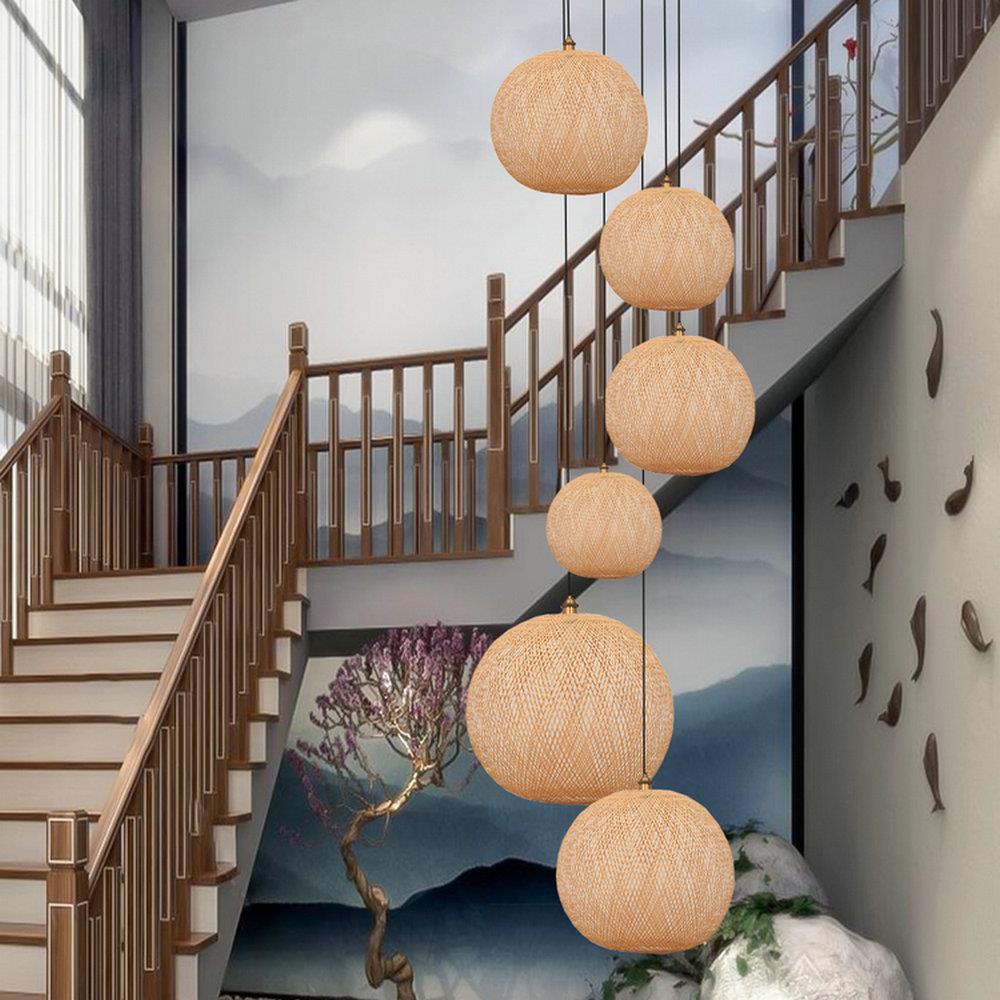 竹编餐饮吊灯创意民宿挑高茶室楼梯口长线吊灯日式复式楼灯垒德株