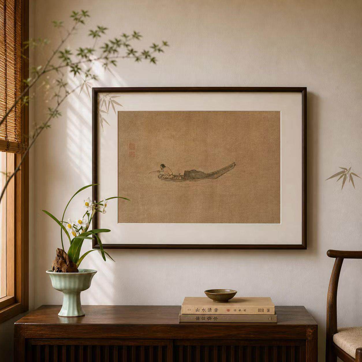 独钓寒江图新中式茶室装饰画中古风玄关壁画竖版宋美学客厅挂画