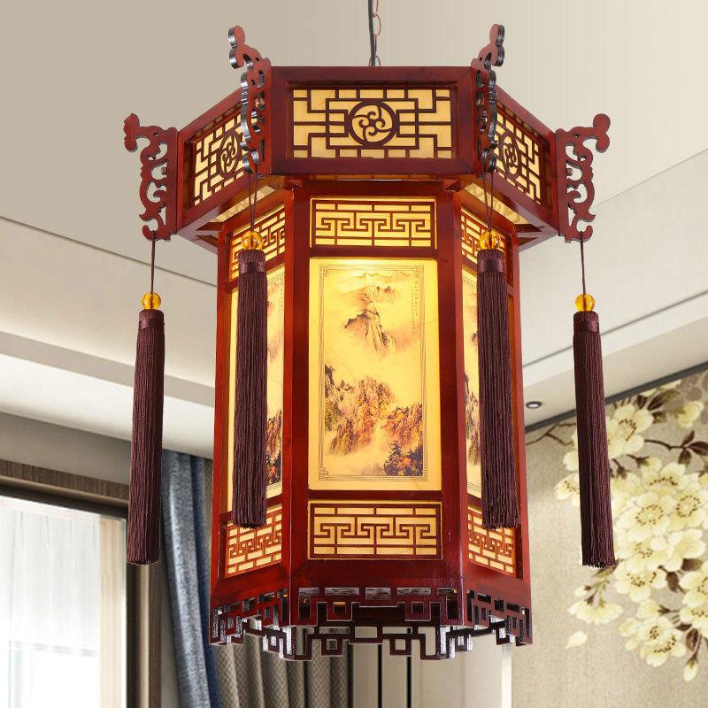 中式仿古宫灯羊皮宫廷吊灯复古建筑酒店寺庙长廊亭子六角灯笼