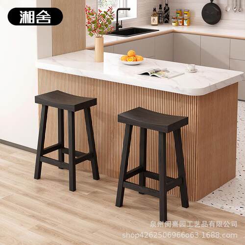实木吧台椅咖啡店简约吧台凳黑色高脚椅侘寂风原木巴台高凳酒吧凳