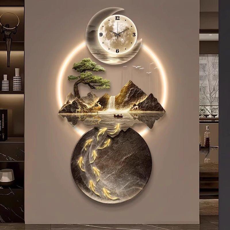 新中式带钟表玄关装饰画流水生财走廊过道挂画九鱼图led发光壁画