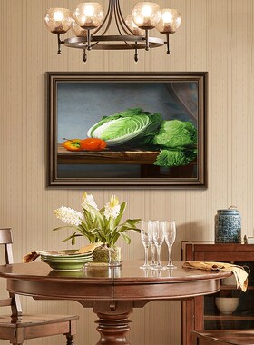 白菜摆财美式餐厅装饰画寓意好油画饭厅餐桌挂画入户玄关壁画高档
