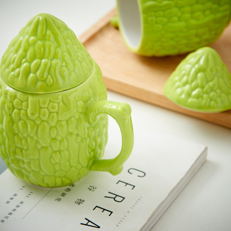 创意陶瓷杯办公室杯情侣水杯带盖茶杯咖啡牛奶杯可爱苦瓜杯马克杯