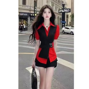 夏季温柔知性风设计感衬衫领修身收腰短袖红色上衣女气质女装