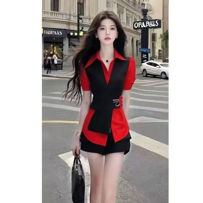 夏季温柔知性风设计感衬衫领修身收腰短袖红色上衣女气质女装