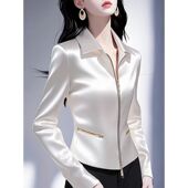 女装 浅春系穿搭洋气减龄独特别致小衫 设计感小众白色缎面拉链衬衫