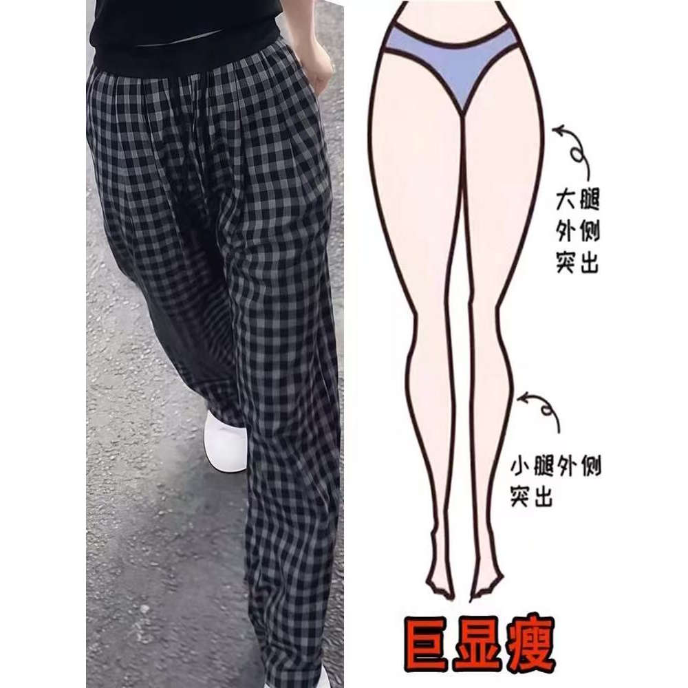 复古黑白格子休闲裤女大码夏季