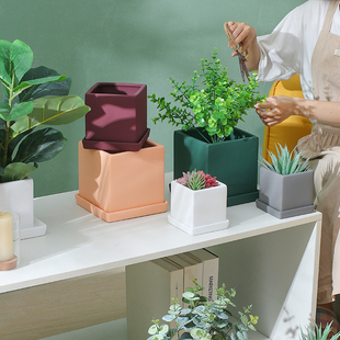 陶瓷花盆北欧简约创意多肉绿萝方形小号有孔透气带托盘个性 盆器