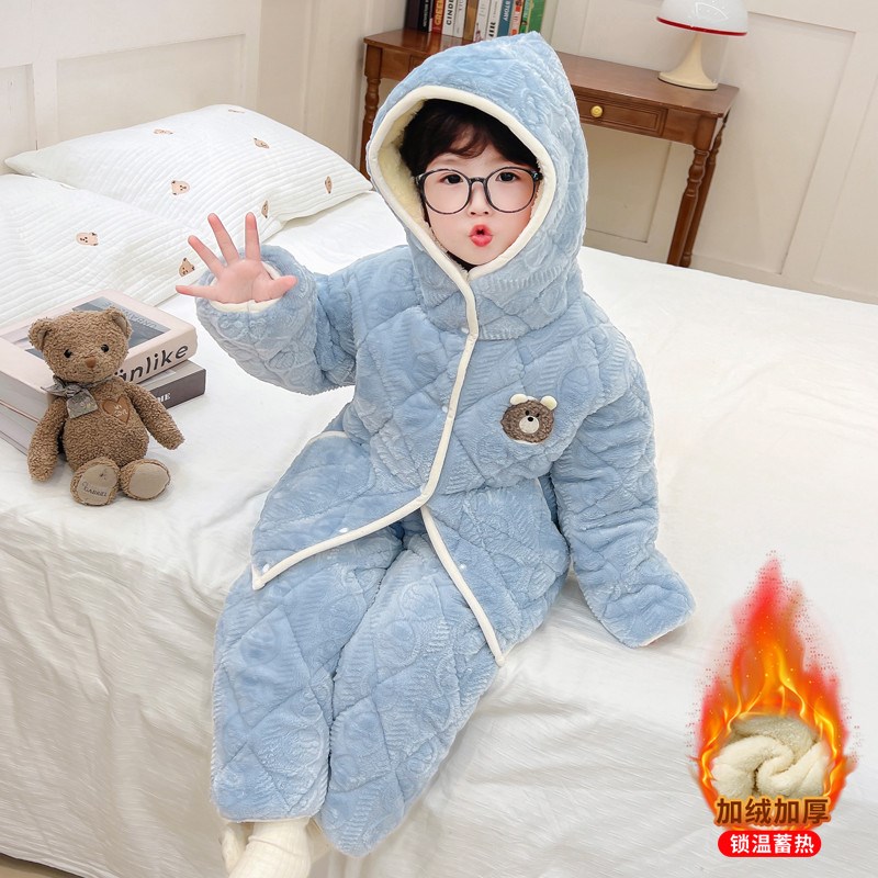 男童冬款睡衣套装男宝宝珊瑚绒三层加绒加厚款保暖儿童冬季家居服