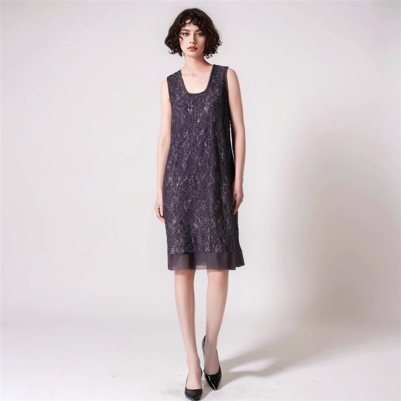 欧美大码女装新款精致高端镂空蕾丝拼接无袖背心吊带两件套连衣裙