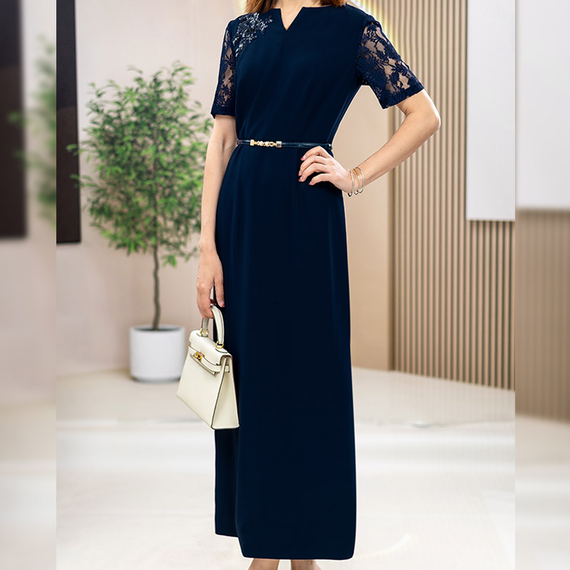 蕾丝拼接连衣裙夏季2025新款时尚气质收腰显瘦短袖v领过膝中长裙