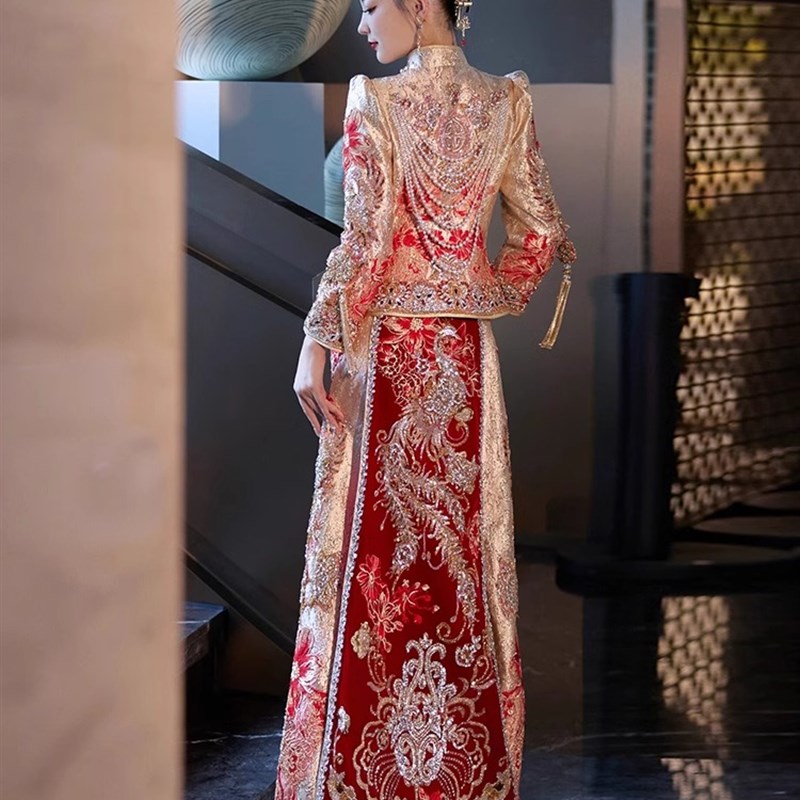 香槟色秀禾服新款新娘结婚中式婚服龙凤褂嫁衣秋冬出嫁礼服马来褂