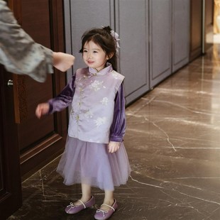 女童织锦缎春秋冬新中式国风唐装紫色提花马甲半身裙套装