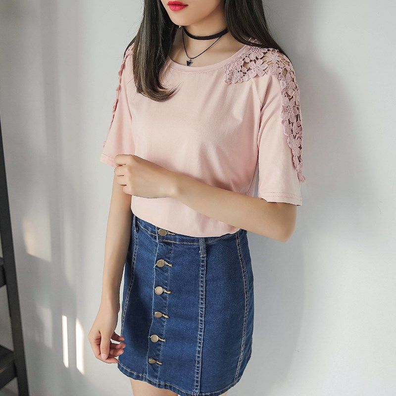 夏装2023新款胖mm勾花镂空加肥加大码女短袖蕾丝t桖女上衣打底衫