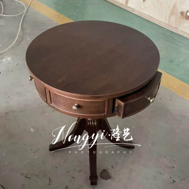 美式实木茶几复古做旧圆形茶几简约欧式小户型家用客厅储物茶桌