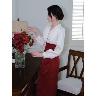 鹿与玫瑰新中式改良旗袍女国风汉服长袖红色连衣裙气质订婚礼服裙