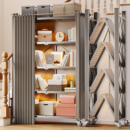 拉帘折叠货架多层置物厨房落地仓储铁架子角钢金属移动家用快递架