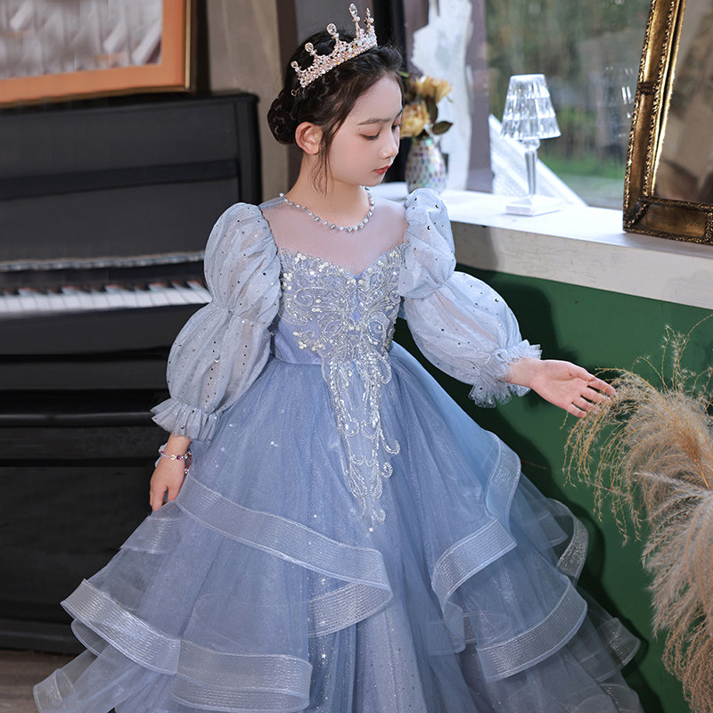 女童礼服蓝色公主裙高级感小女孩生日儿童高端钢琴演出服主持人夏