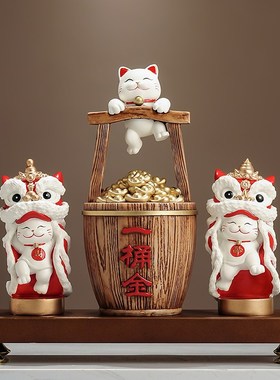 聚财一桶金招财猫新中式摆件家居客厅办公室装饰品乔迁开业礼物