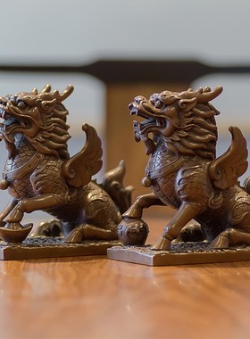 铜之魂紫铜财富麒麟一对办公室高档摆件开业乔迁礼品客厅酒柜装饰