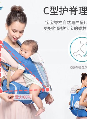 【爱能多】婴儿背带两用前抱式宝宝腰凳四季轻便款透气蓝色双肩带