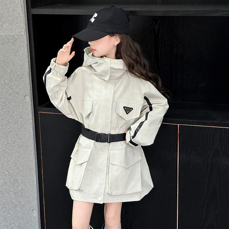 女童风衣外套春秋季中长款洋气时尚收腰2025新款休闲中大童大衣潮